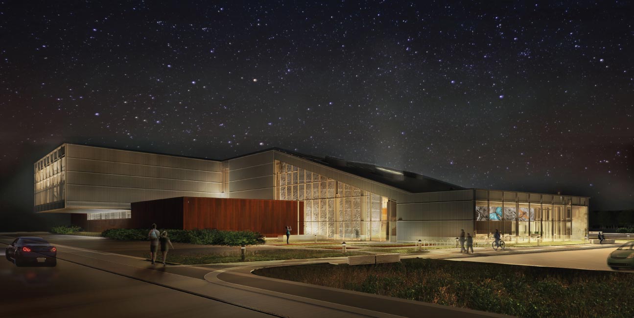 A nighttime view of the new Bell Building with a starry sky above