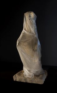 photograph of polar bear specimen, standing on back legs, wrapped in plastic