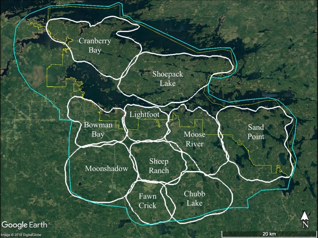 Map of Greater Voyageurs National Park ecosystem overlayed with 10 distinct wolf pack boundaries.