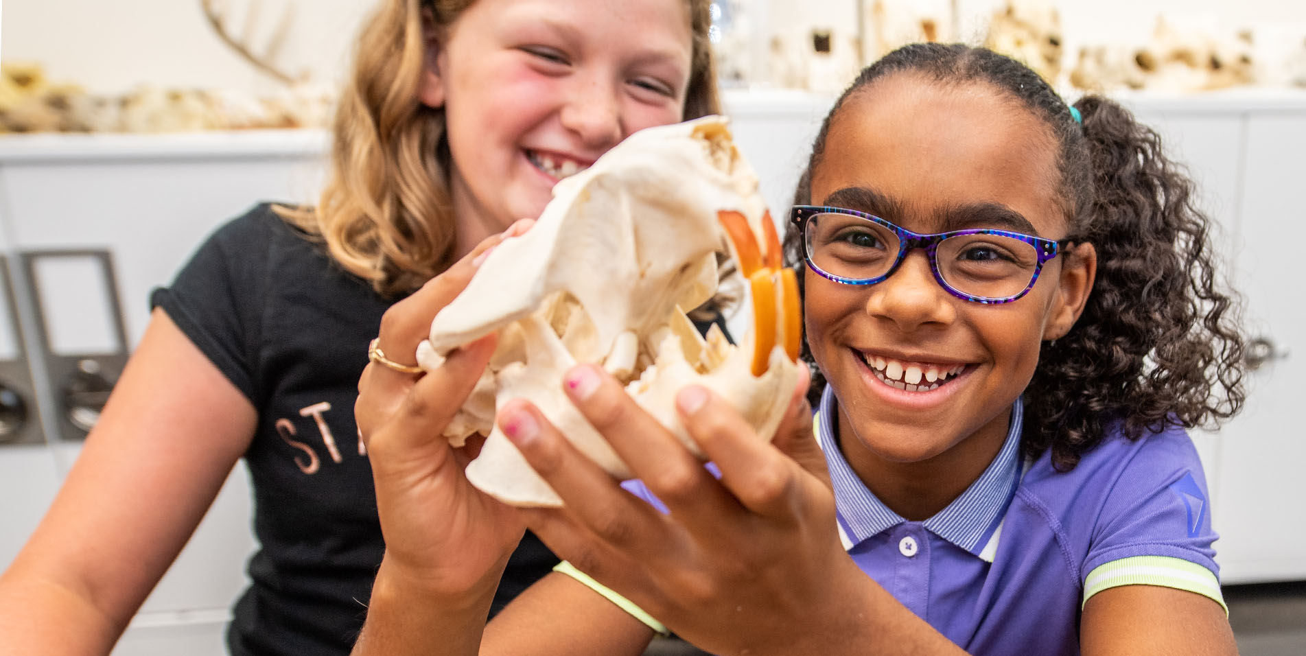 Two smiling girls examine an animal skull that one girl is holding