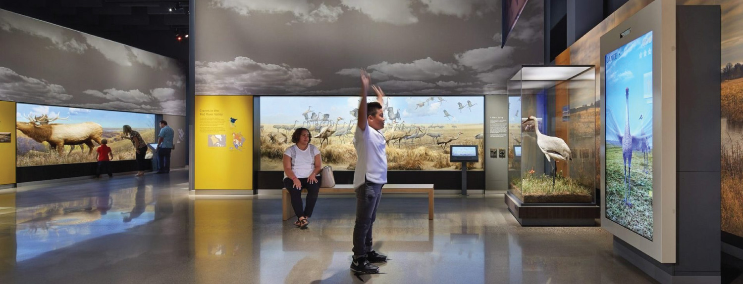 Families exploring the prairie gallery and crane dance game.