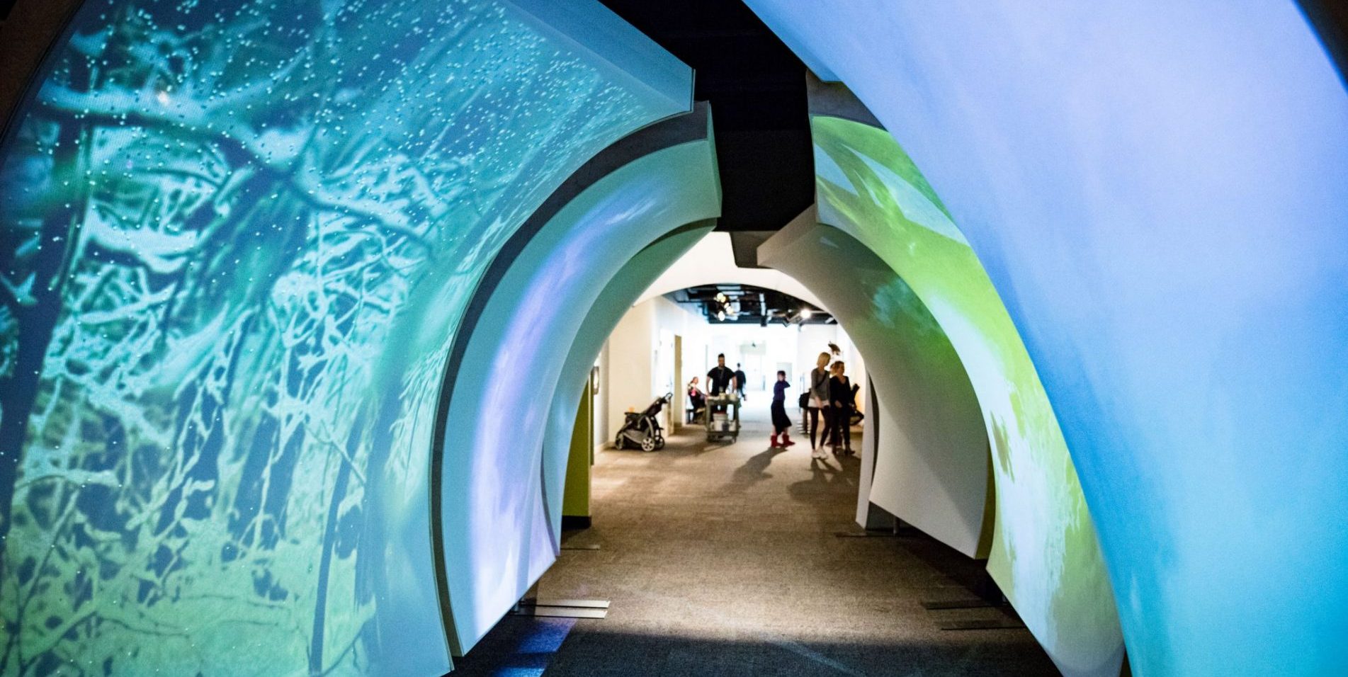 Exhibit entry with various types of weather projected on screens.