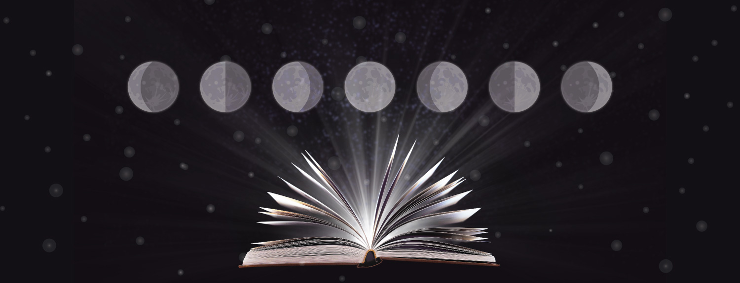 Illustration od moon phases above an open book.