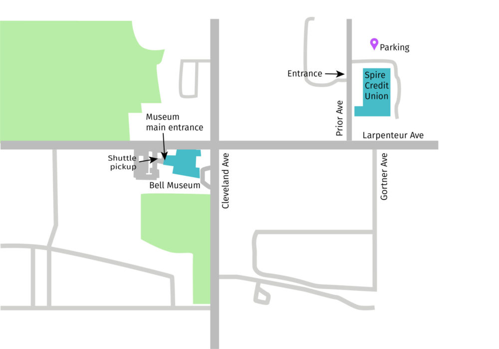 Map showing shuttle pickup locations at Spire Credit Union