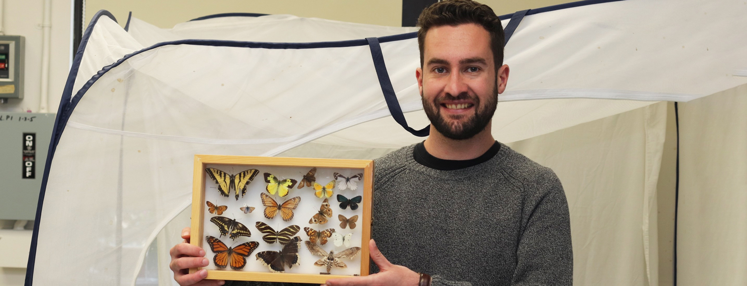 Shepard holding butterfly specimens