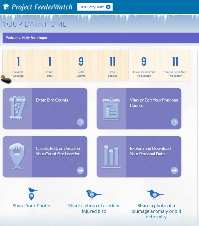 A screenshot of the FeederWatch App dashboard, where you can enter bird observations.