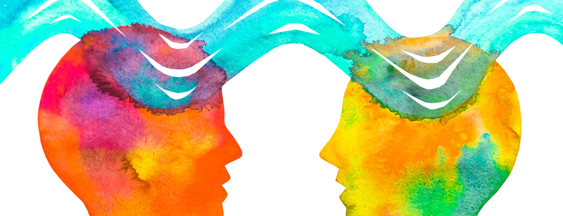 two watercolored heads connected by watercolor waves