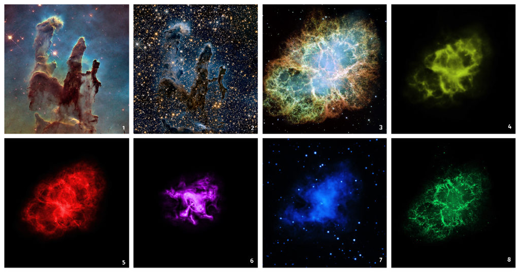 6 images of the nebulae, from left to right: brown nebula in a turquoise sky, black nebula in a dark and starry sky, intense brown and blue nebula in a ring, round nebulae in lime green, red, purple, blue, and forest green