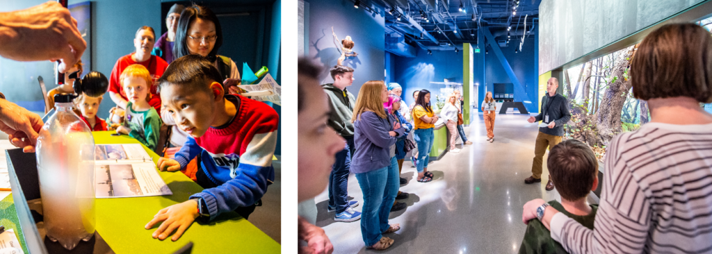 two photos: one of a child observing a cloud-creation experiment, the second of a tour group listening about a diorama at the Bell