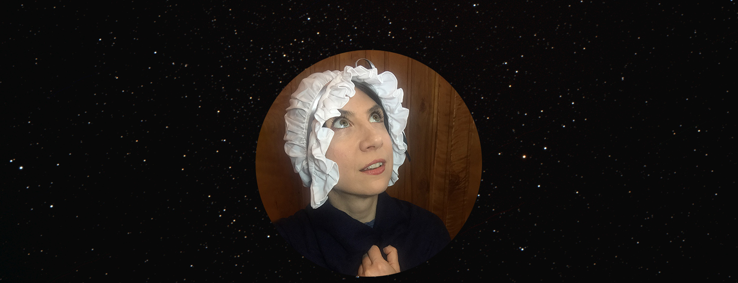 Actress portraying Caroline Herschel, starry background
