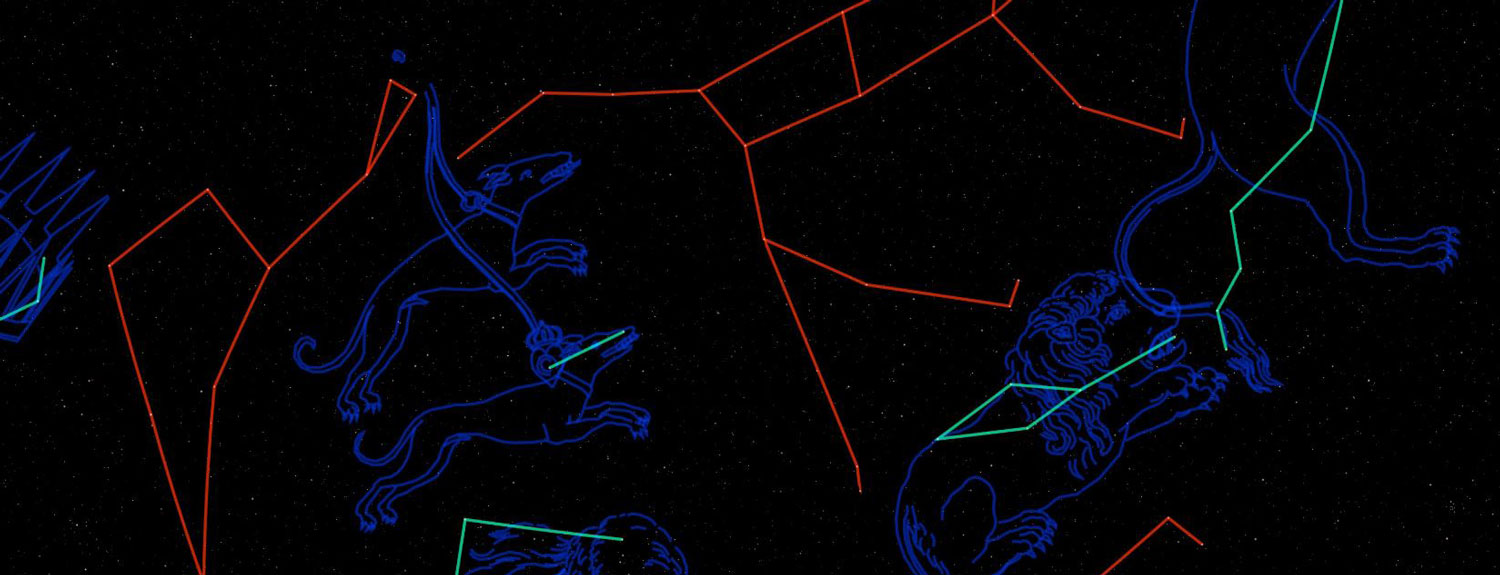 Stars with illustrations showing constellations including dogs and a lion