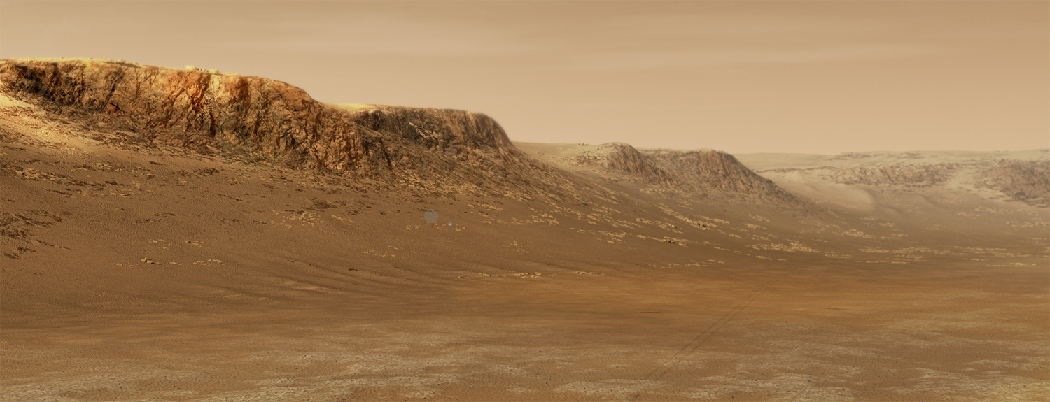 An illustration of NASA’s Perseverance rover exploring inside Mars’ Jezero Crater