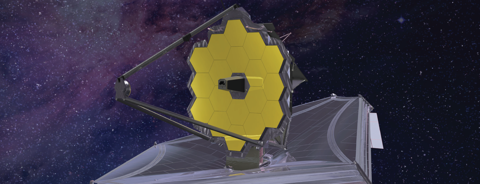 Telescope in space with gold plated hexagon mirrors