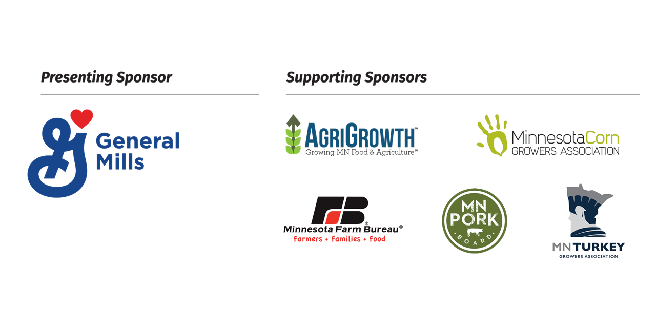 A variety of logos for General Mills, AgriGrowth, Minnesota Farm Bureau, Minnesota Pork Board, Minnesota Corn Growers Association, and Minnesota Turkey Growers Association