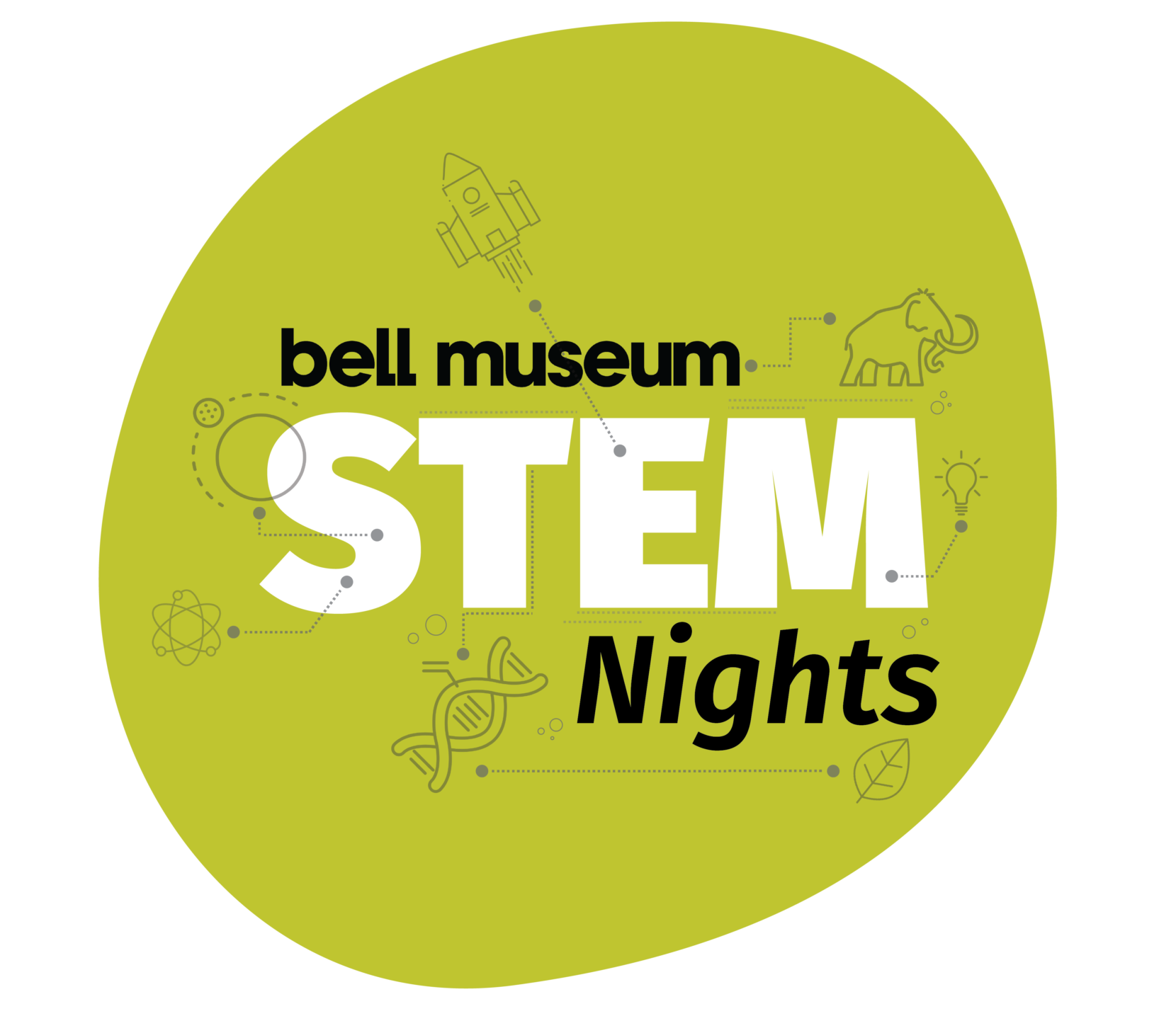 A green circle with the text, "Bell Museum STEM Nights" surrounded by icons of science related objects