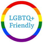 Rainbow circle with text: LGBTQ+ Friendly