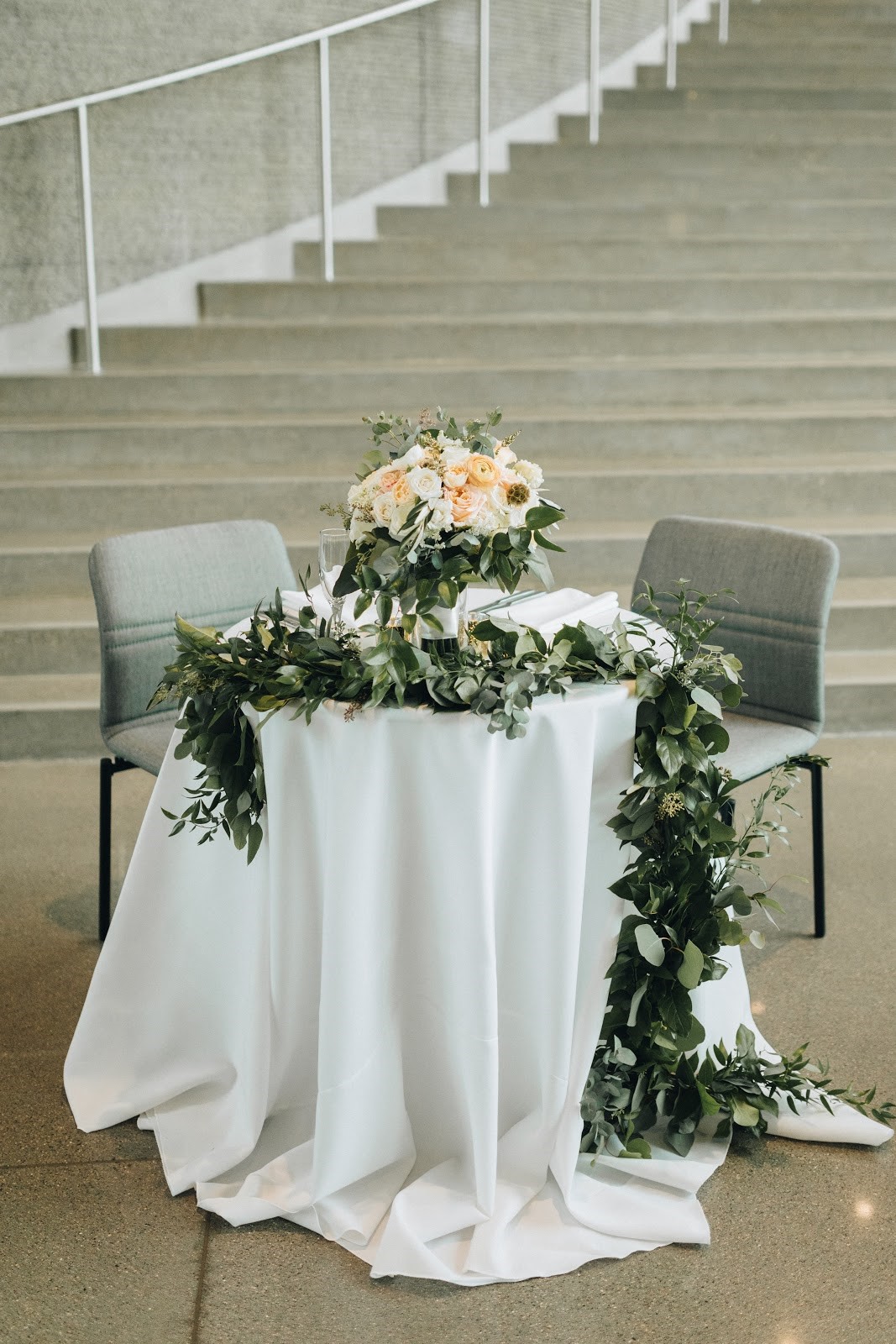 Table with flower arrangement centerpiece