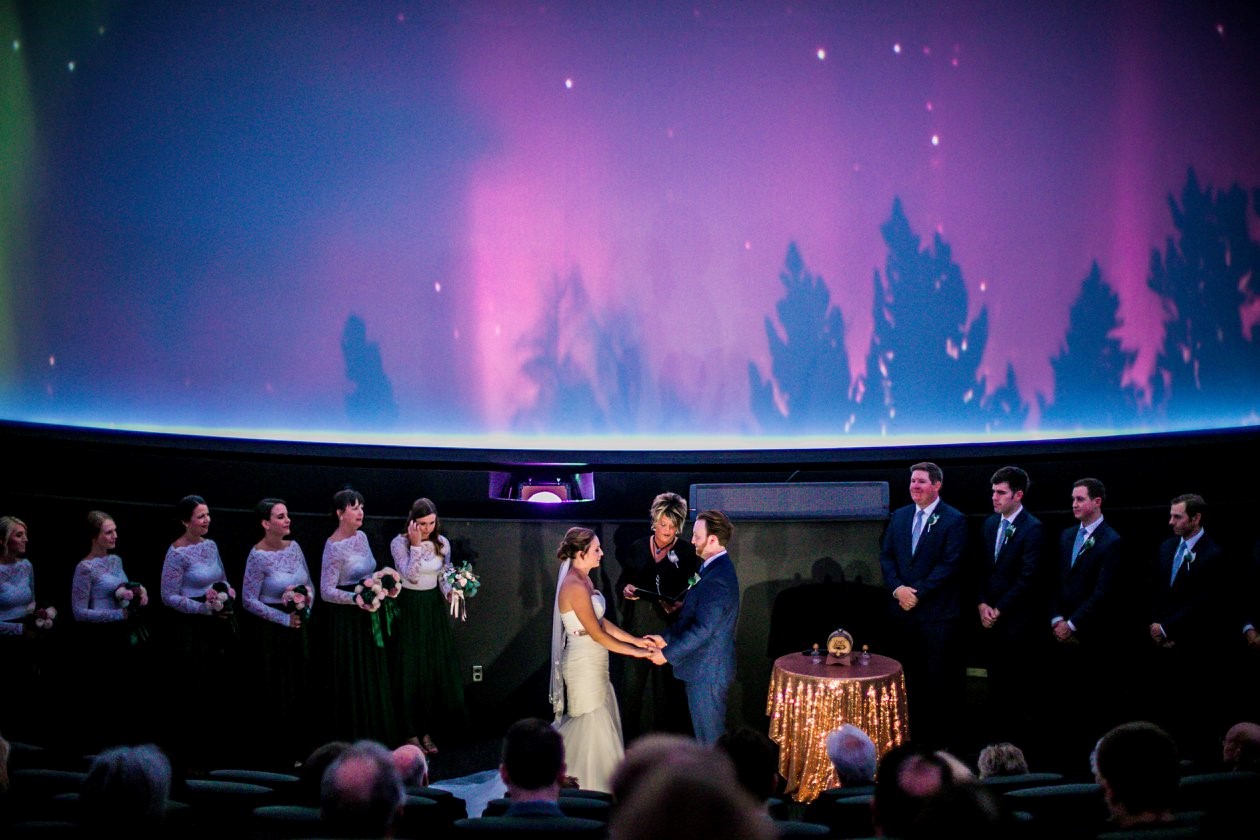 Newlyweds with bridesmaids and groomsmen in the planetarium