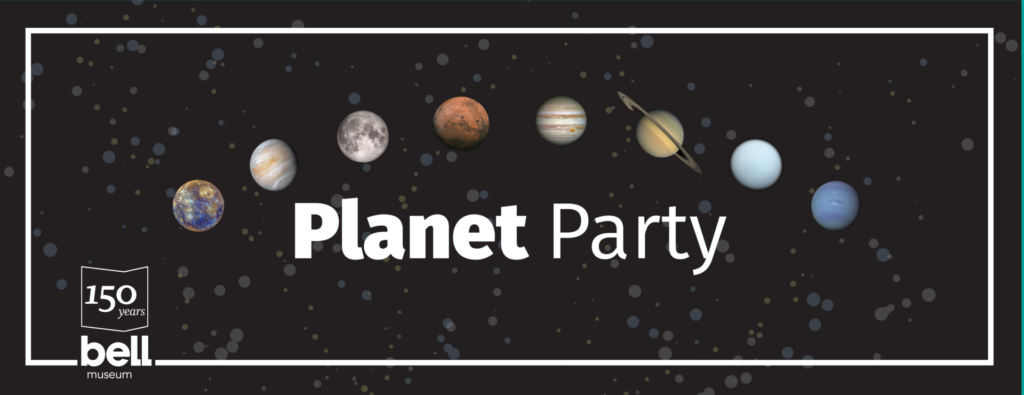 Seven planets and the moon arching over text: Planet Party