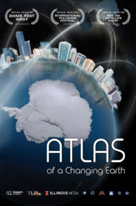 An artistic depiction of the earth with a large city next to the arctic and the text, "Atlas of a Changing Earth"