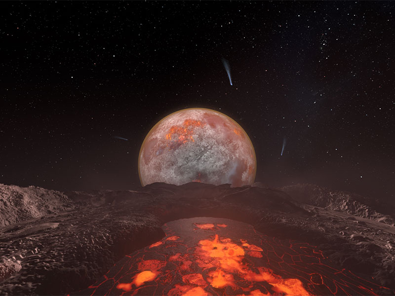 Moon in background overlooking crater full of lava