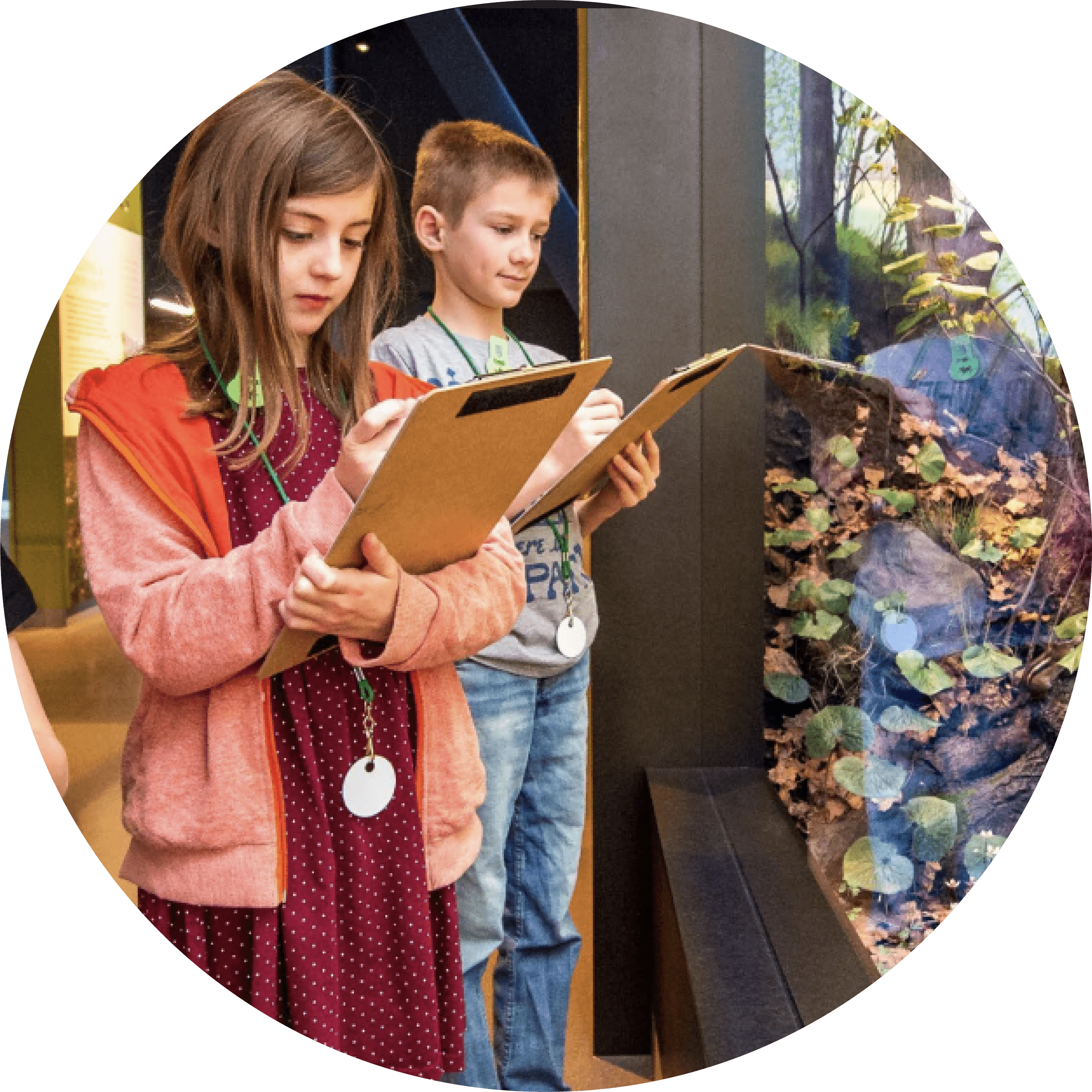 Students holding clipboards in front of diorama.