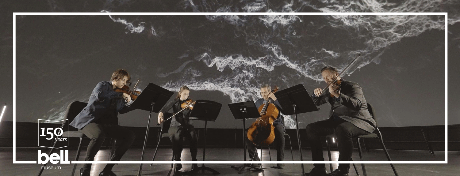 4 people playing orchestral instruments with projected image above their heads