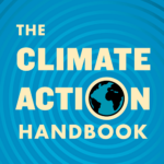 Book cover with text that reads: The Climate Action Handbook. The 'O' in Action is the earth