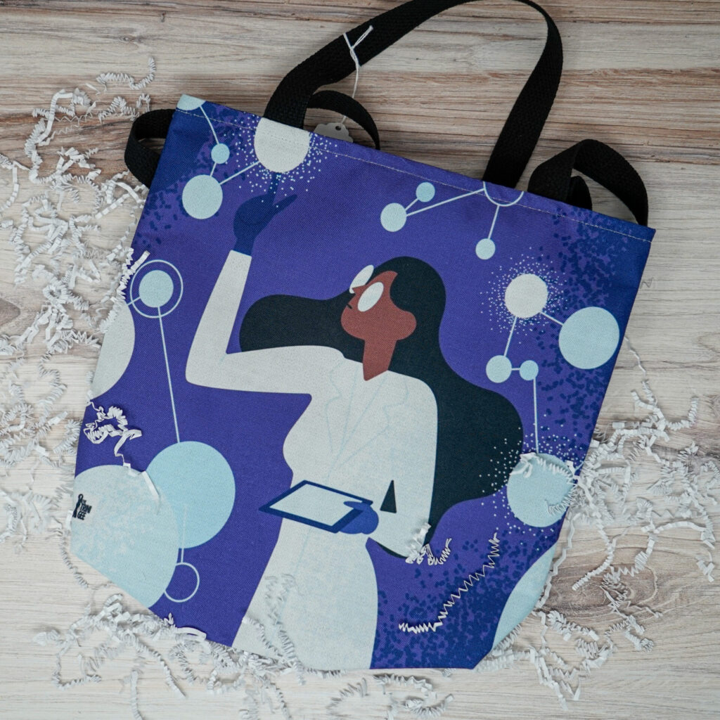 a bag with a scientist on it