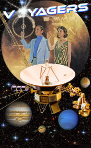 Poster with Two adults looking up with telescope, Jupiter, Saturn, and Neptune in the background. Text reads: Voyagers