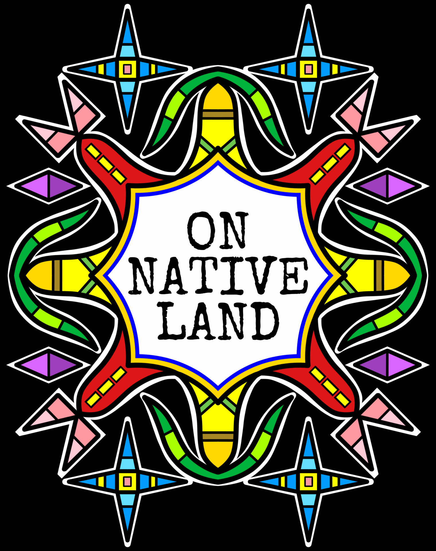 Floral design with text: On Native Land