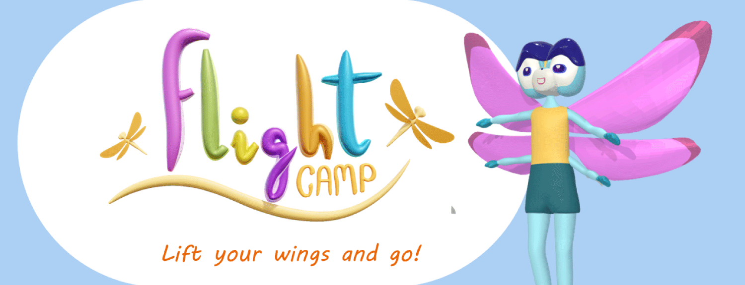 Illustration of a dragonfly with text: Flight camp. Lift your wings and go!